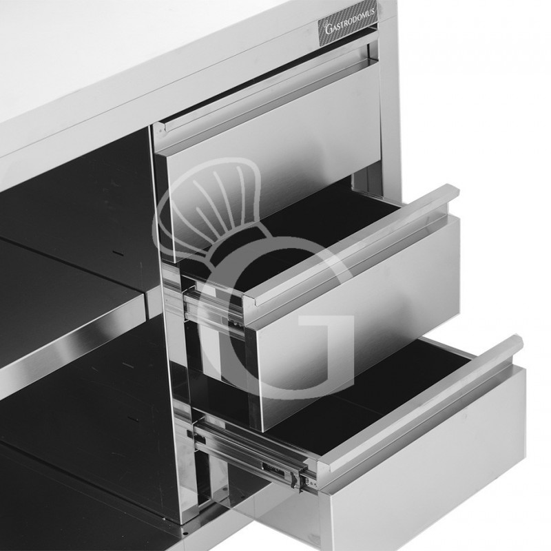 Tavolo a giorno in acciaio inox,3 cassetti a destra, alzatina, L 2400 mm x P600 mm x H 950 mm