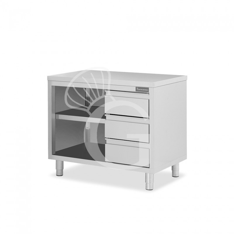 Tavolo a giorno in acciaio inox con 3 cassetti sul lato destro, L 1000 mm x P 600 mm x H 850 mm