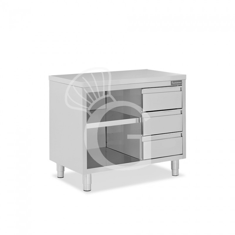 Tavolo a giorno in acciaio inox con 3 cassetti sul lato destro, L 1000 mm x P 600 mm x H 850 mm