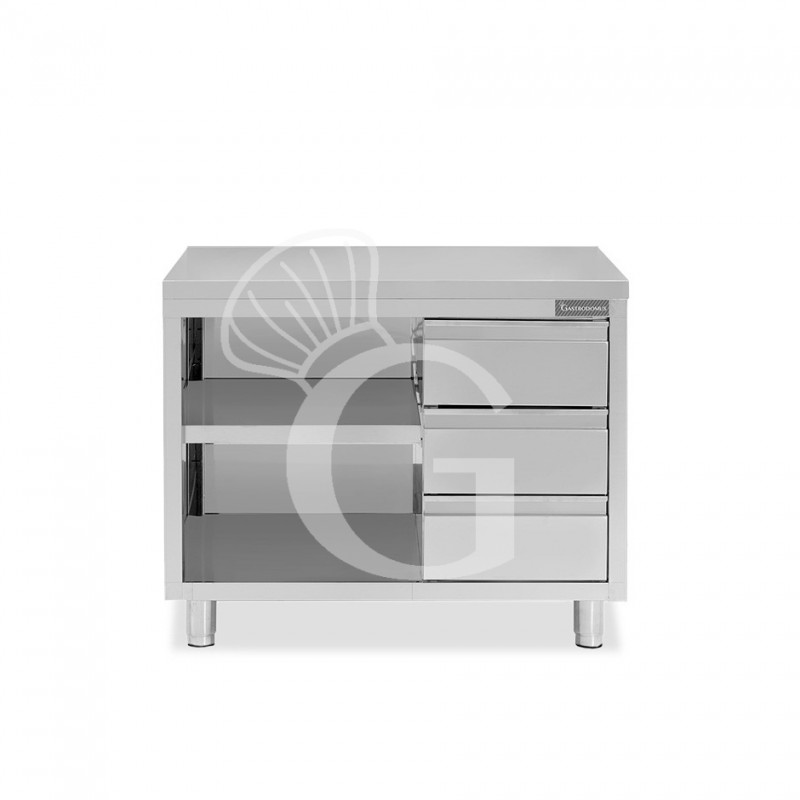 Tavolo a giorno in acciaio inox con 3 cassetti sul lato destro, L 1000 mm x P 700 mm x H 850 mm