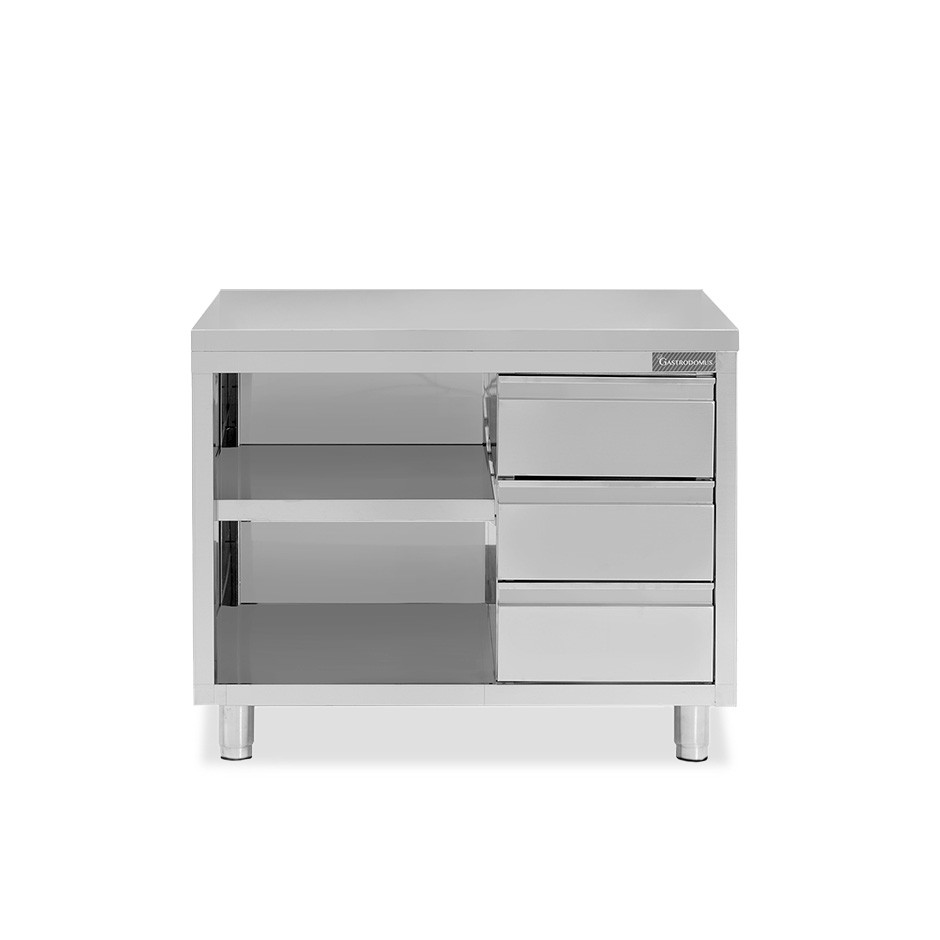 Tavolo a giorno in acciaio inox con 3 cassetti sul lato destro, L 1000 mm x P 700 mm x H 850 mm
