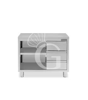 Tavolo a giorno in acciaio inox con 3 cassetti sul lato destro, L 1200 mm x P 700 mm x H 850 mm
