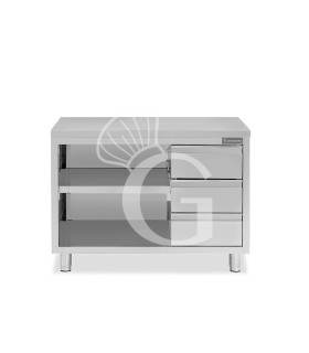 Tavolo a giorno in acciaio inox con 3 cassetti sul lato destro, L 1400 mm x P 600 mm x H 850 mm