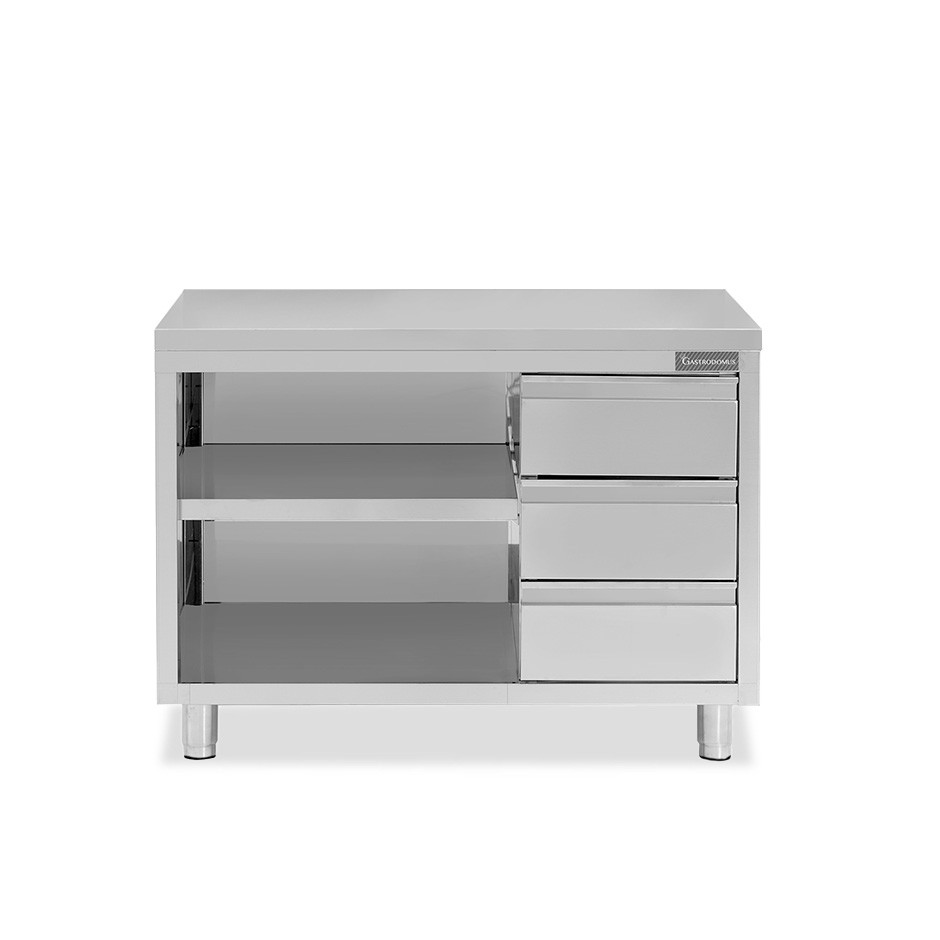 Tavolo a giorno in acciaio inox con 3 cassetti sul lato destro, L 1400 mm x P 600 mm x H 850 mm