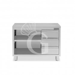 Tavolo a giorno in acciaio inox con 3 cassetti sul lato destro, L 1500 mm x P 600 mm x H 850 mm