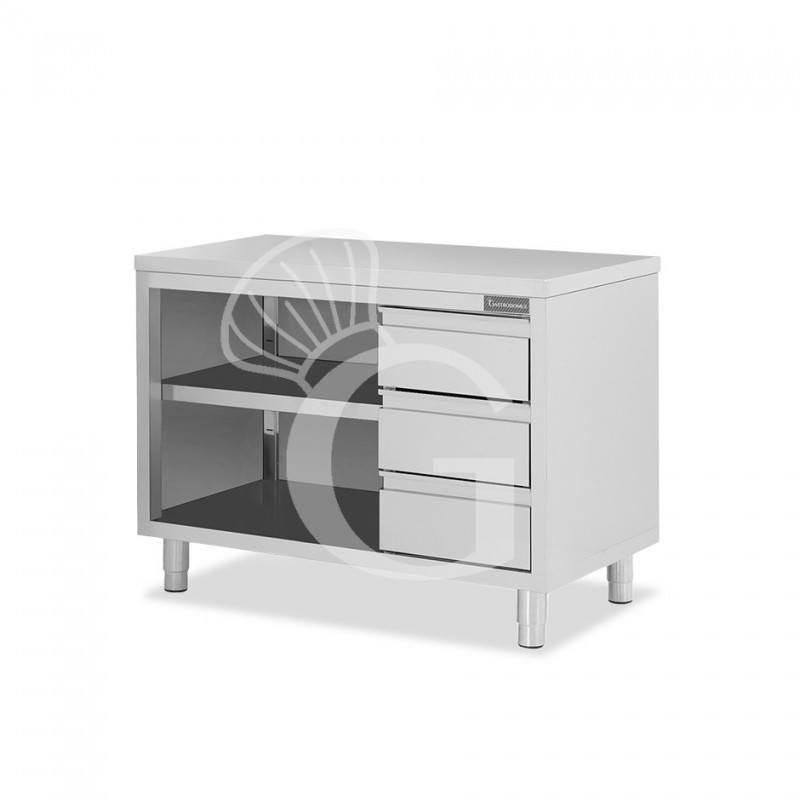 Tavolo a giorno in acciaio inox con 3 cassetti sul lato destro, L 1500 mm x P 700 mm x H 850 mm