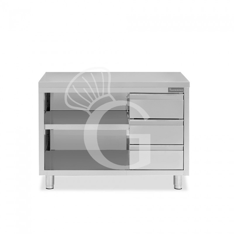 Tavolo a giorno in acciaio inox con 3 cassetti sul lato destro, L 1500 mm x P 700 mm x H 850 mm