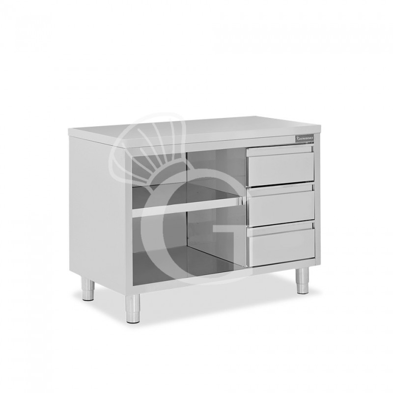 Tavolo a giorno in acciaio inox con 3 cassetti sul lato destro, L 1500 mm x P 700 mm x H 850 mm
