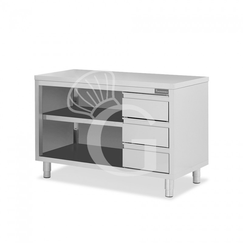 Tavolo a giorno in acciaio inox con 3 cassetti sul lato destro, L 1700 mm x P 600 mm x H 850 mm