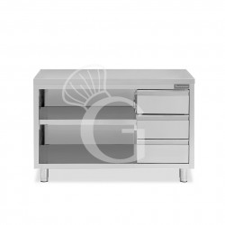 Tavolo a giorno in acciaio inox con 3 cassetti sul lato destro, L 1600 mm x P 700 mm x H 850 mm