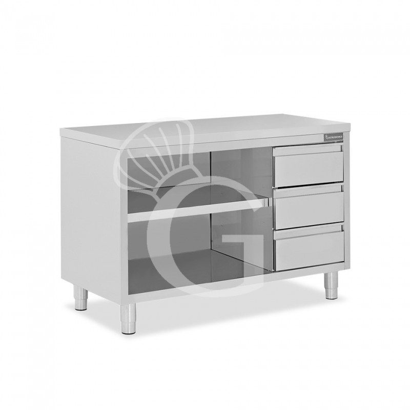 Tavolo a giorno in acciaio inox con 3 cassetti sul lato destro, L 1600 mm x P 700 mm x H 850 mm