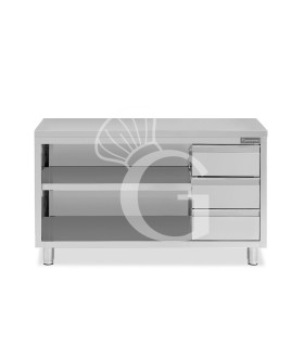 Tavolo a giorno in acciaio inox con 3 cassetti sul lato destro, L 1900 mm x P 600 mm x H 850 mm