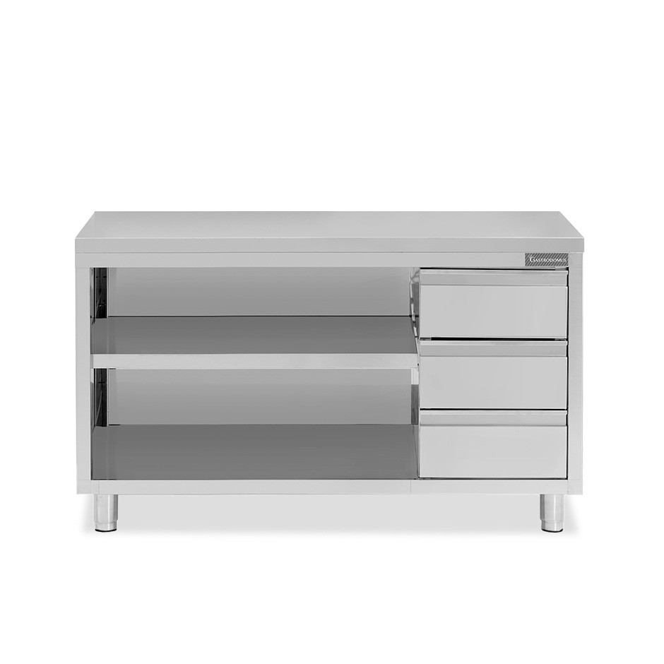 Tavolo a giorno in acciaio inox con 3 cassetti sul lato destro, L 1900 mm x P 600 mm x H 850 mm