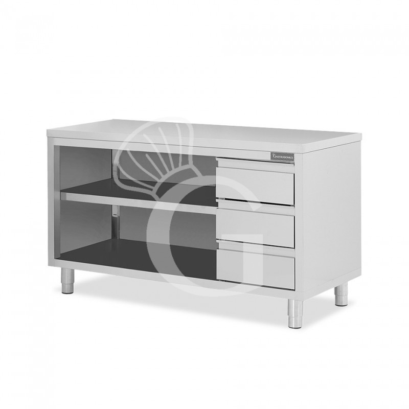 Tavolo a giorno in acciaio inox con 3 cassetti sul lato destro, L 1800 mm x P 700 mm x H 850 mm
