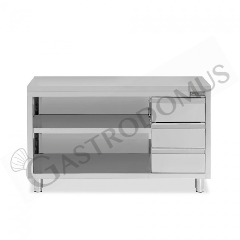 Tavolo a giorno in acciaio inox con 3 cassetti sul lato destro, L 1800 mm x P 700 mm x H 850 mm Tavolo a giorno in acciaio inox con 3 cassetti sul lato destro, L 1800 mm x P 700 mm x H 850 mm