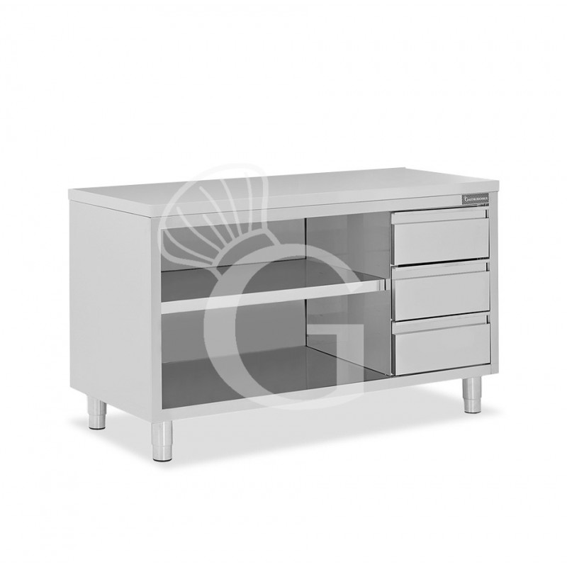 Tavolo a giorno in acciaio inox con 3 cassetti sul lato destro, L 1800 mm x P 700 mm x H 850 mm