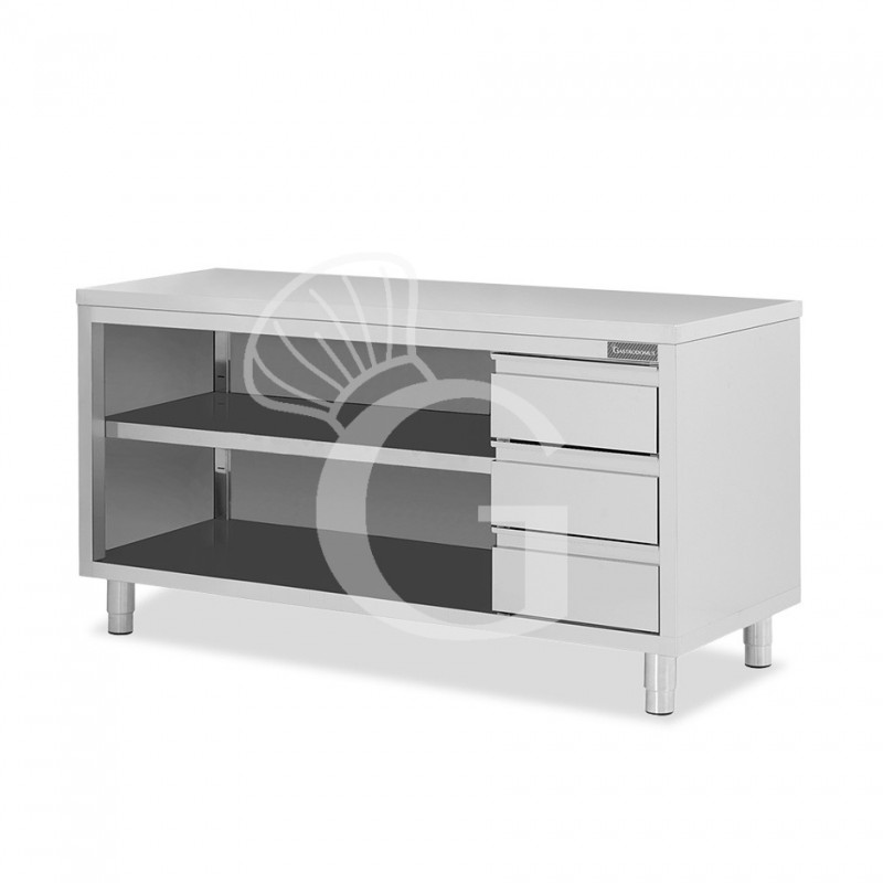 Tavolo a giorno in acciaio inox con 3 cassetti sul lato destro, L 2000 mm x P 600 mm x H 850 mm