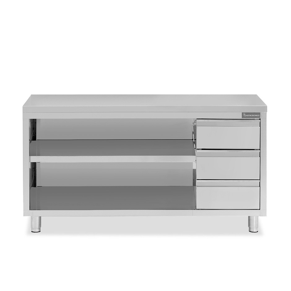 Tavolo a giorno in acciaio inox con 3 cassetti sul lato destro, L 2000 mm x P 600 mm x H 850 mm