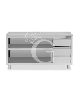 Tavolo a giorno in acciaio inox con 3 cassetti sul lato destro, L 2100 mm x P 700 mm x H 850 mm