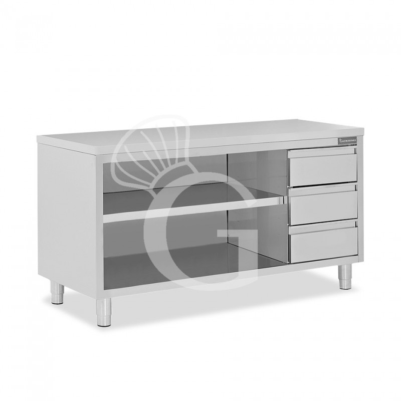 Tavolo a giorno in acciaio inox con 3 cassetti sul lato destro, L 2100 mm x P 700 mm x H 850 mm