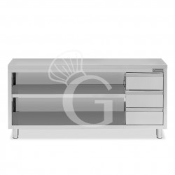 Tavolo a giorno in acciaio inox con 3 cassetti sul lato destro, L 2300 mm x P 700 mm x H 850 mm