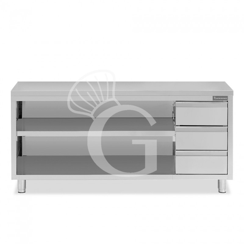 Tavolo a giorno in acciaio inox con 3 cassetti sul lato destro, L 2300 mm x P 700 mm x H 850 mm Tavolo a giorno in acciaio inox con 3 cassetti sul lato destro, L 2300 mm x P 700 mm x H 850 mm