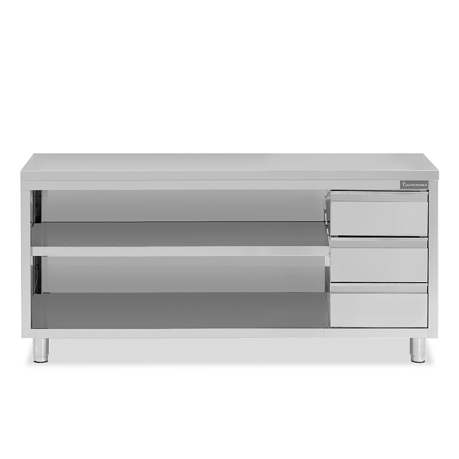Tavolo a giorno in acciaio inox con 3 cassetti sul lato destro, L 2300 mm x P 700 mm x H 850 mm