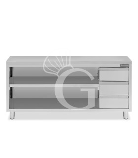 Tavolo a giorno in acciaio inox con 3 cassetti sul lato destro, L 2300 mm x P 600 mm x H 850 mm
