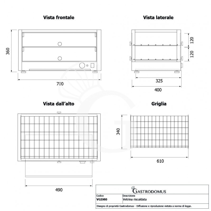 Vetrina Riscaldata vetro e inox +30°C/+90°C 80 LT L 700 mm x P 400 mm x H 360 mm - tecnico