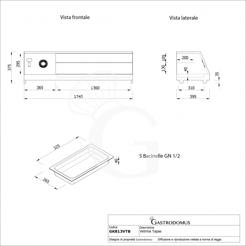 Vetrina tapas 5 bacinelle GN1/2 160 W L 1740 mm x P 395 mm x H 375 mm - tecnico