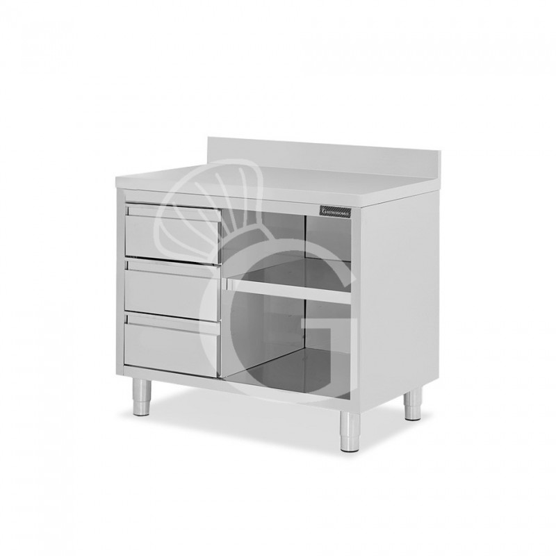 Tavolo a giorno in acciaio inox,3 cassetti a sinistra, alzatina, L 1000 mm x P600 mm x H 950 mm