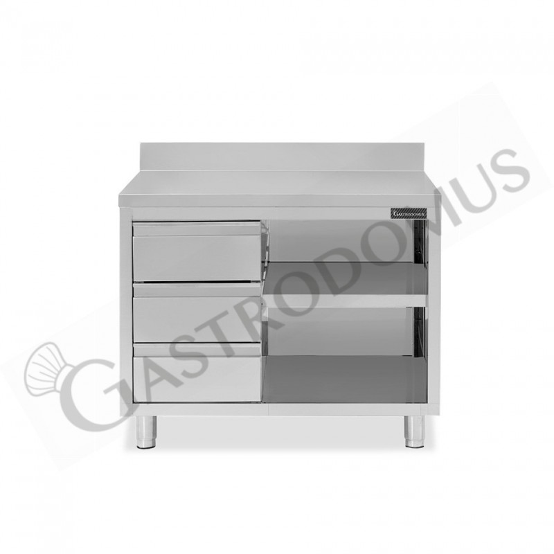 Tavolo a giorno in acciaio inox,3 cassetti a sinistra, alzatina, L 1000 mm x P600 mm x H 950 mm Tavolo a giorno in acciaio inox,3 cassetti a sinistra, alzatina, L 1000 mm x P600 mm x H 950 mm
