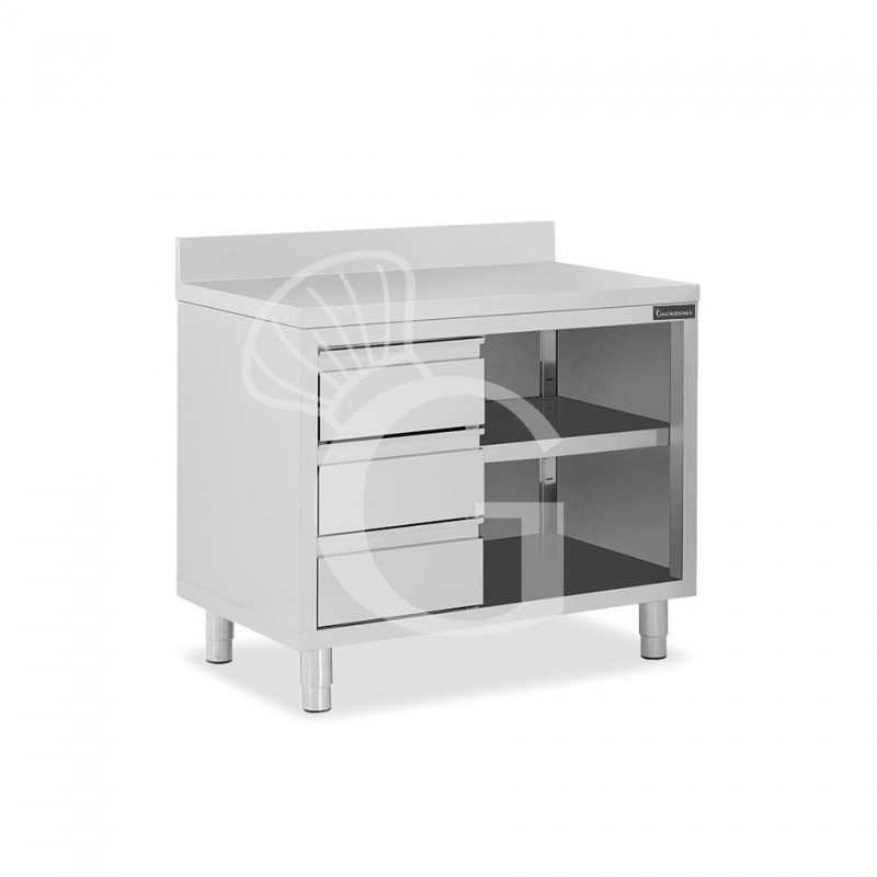 Tavolo a giorno in acciaio inox,3 cassetti a sinistra, alzatina, L 1200 mm x P 700 mm x H 950 mm