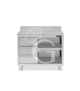 Tavolo a giorno in acciaio inox,3 cassetti a sinistra, alzatina, L 1200 mm x P 700 mm x H 950 mm