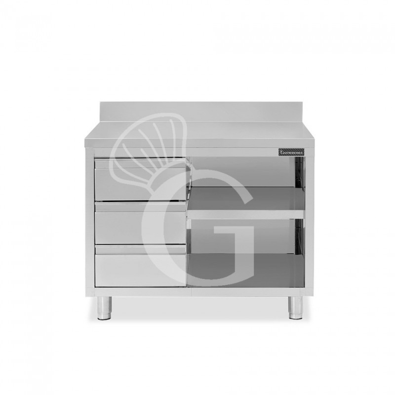 Tavolo a giorno in acciaio inox,3 cassetti a sinistra, alzatina, L 1200 mm x P 700 mm x H 950 mm