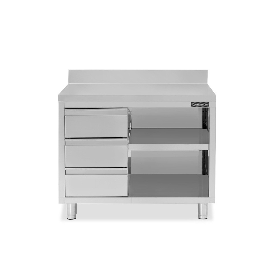 Tavolo a giorno in acciaio inox,3 cassetti a sinistra, alzatina, L 1200 mm x P 700 mm x H 950 mm
