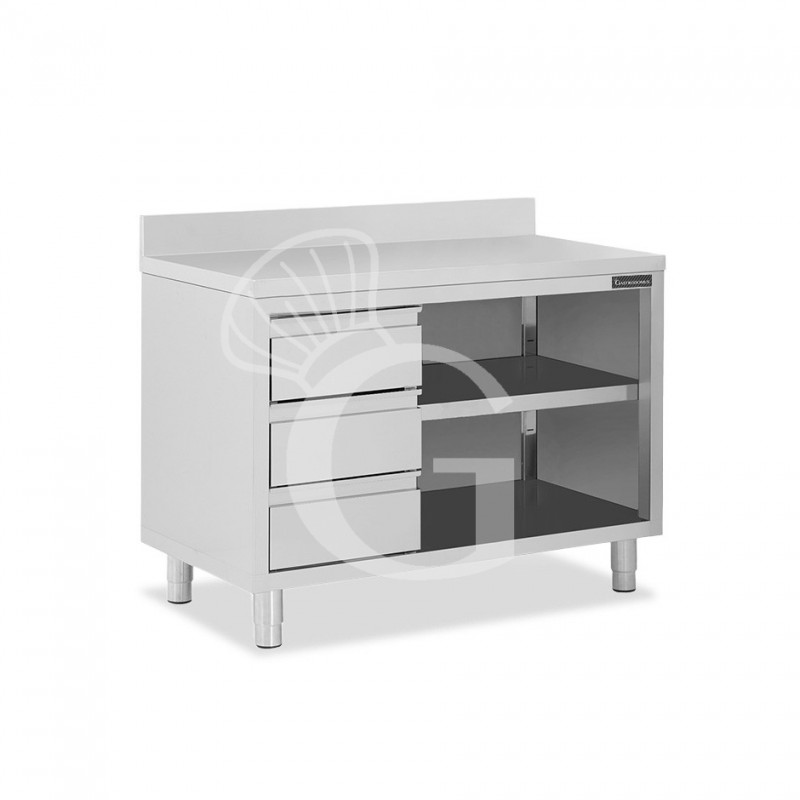 Tavolo a giorno in acciaio inox,3 cassetti a sinistra, alzatina, L 1500 mm x P600 mm x H 950 mm