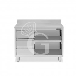Tavolo a giorno in acciaio inox,3 cassetti a sinistra, alzatina, L 1500 mm x P600 mm x H 950 mm
