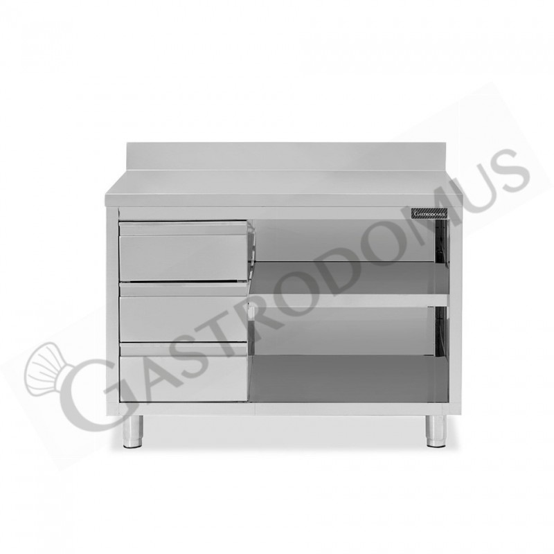 Tavolo a giorno in acciaio inox,3 cassetti a sinistra, alzatina, L 1500 mm x P600 mm x H 950 mm Tavolo a giorno in acciaio inox,3 cassetti a sinistra, alzatina, L 1500 mm x P600 mm x H 950 mm