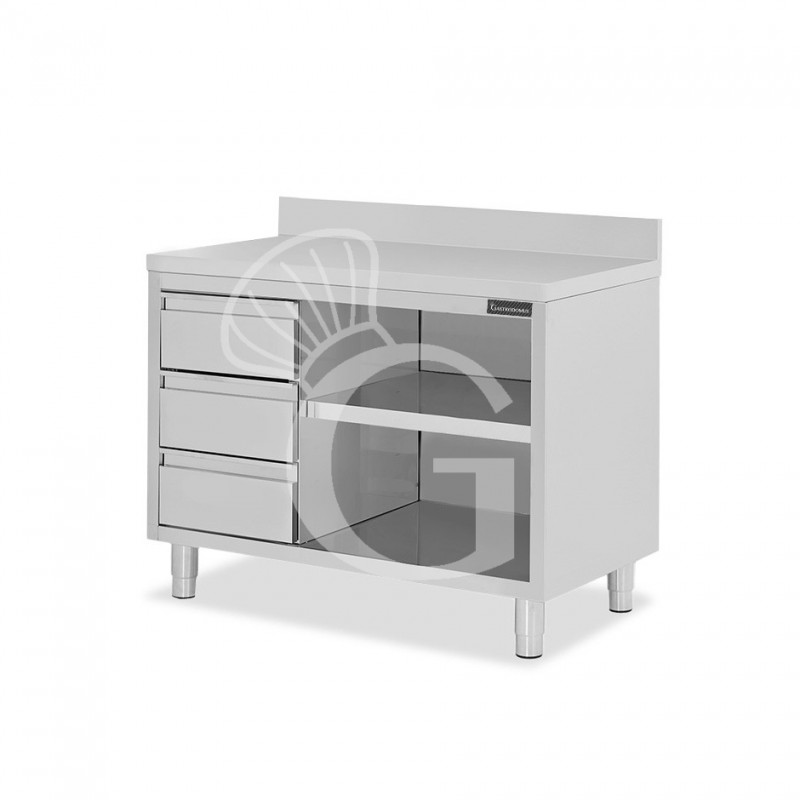 Tavolo a giorno in acciaio inox,3 cassetti a sinistra, alzatina, L 1400 mm x P 700 mm x H 950 mm