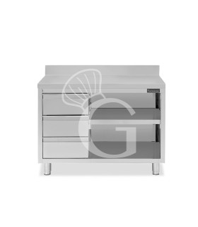 Tavolo a giorno in acciaio inox,3 cassetti a sinistra, alzatina, L 1500 mm x P 700 mm x H 950 mm