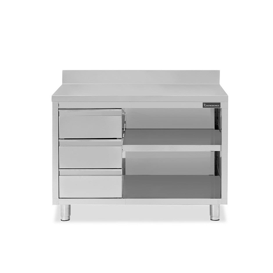 Tavolo a giorno in acciaio inox,3 cassetti a sinistra, alzatina, L 1500 mm x P 700 mm x H 950 mm