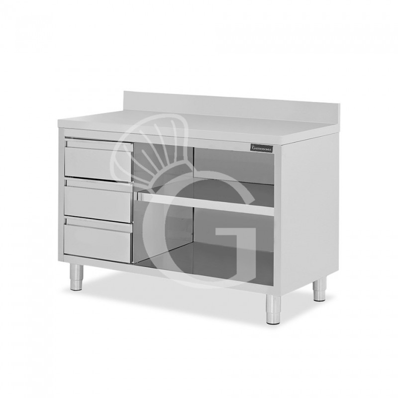 Tavolo a giorno in acciaio inox,3 cassetti a sinistra, alzatina, L 1700 mm x P600 mm x H 950 mm