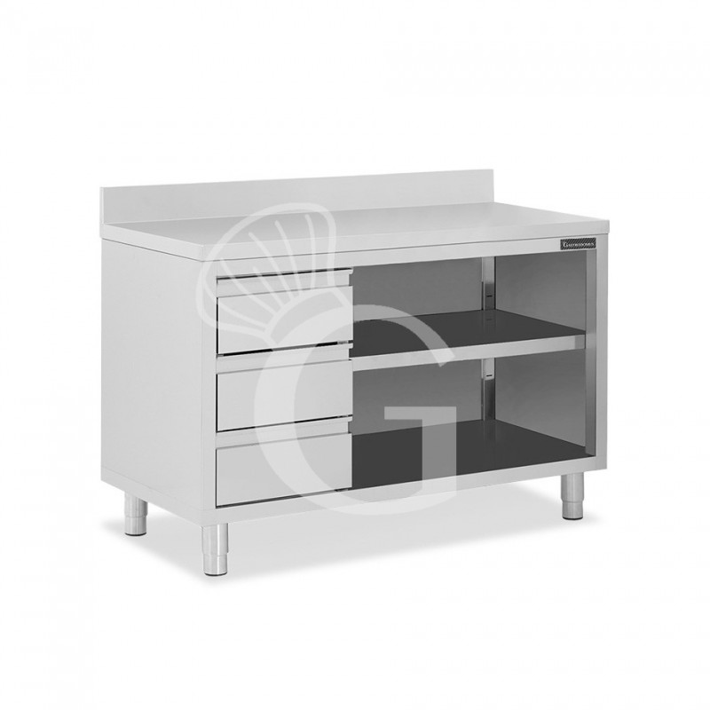 Tavolo a giorno in acciaio inox,3 cassetti a sinistra, alzatina, L 1700 mm x P600 mm x H 950 mm
