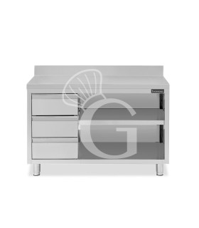 Tavolo a giorno in acciaio inox,3 cassetti a sinistra, alzatina, L 1700 mm x P600 mm x H 950 mm