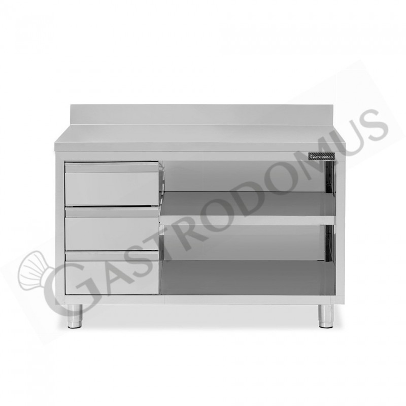 Tavolo a giorno in acciaio inox,3 cassetti a sinistra, alzatina, L 1700 mm x P 700 mm x H 950 mm Tavolo a giorno in acciaio inox,3 cassetti a sinistra, alzatina, L 1700 mm x P 700 mm x H 950 mm