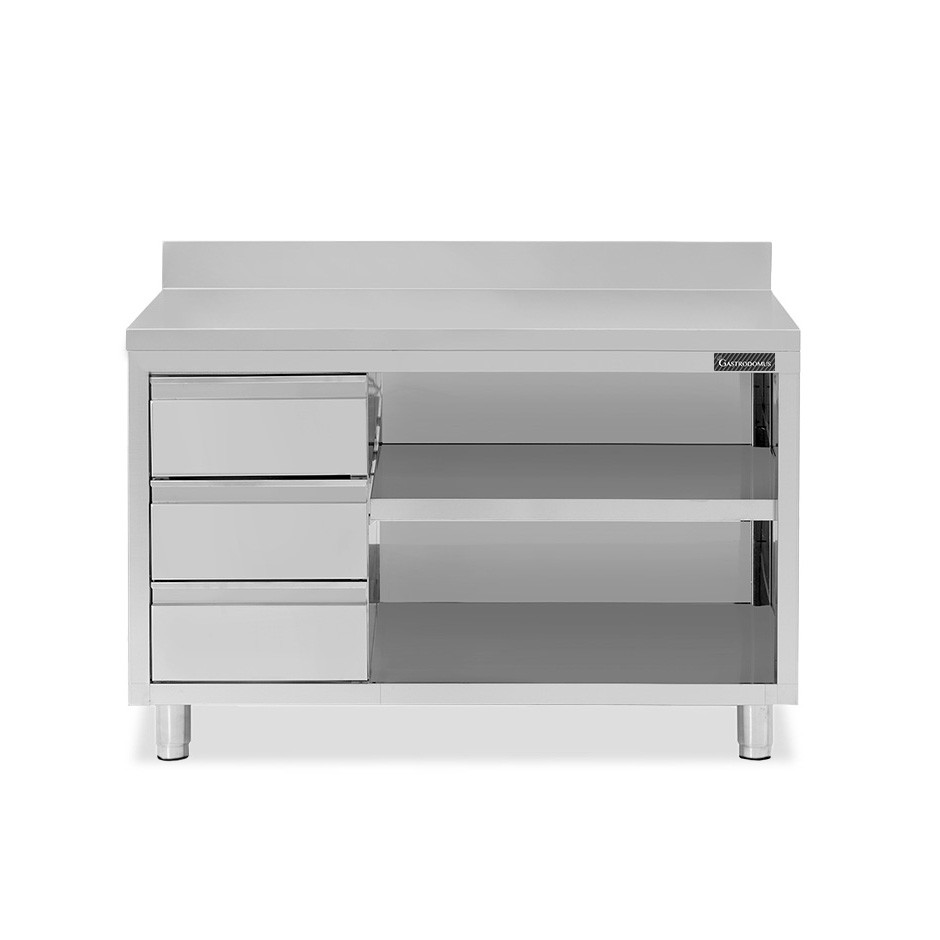 Tavolo a giorno in acciaio inox,3 cassetti a sinistra, alzatina, L 1700 mm x P 700 mm x H 950 mm