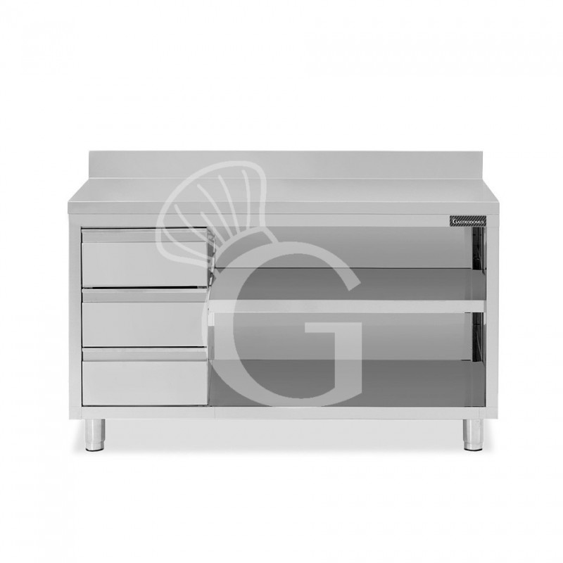 Tavolo a giorno in acciaio inox,3 cassetti a sinistra, alzatina, L 1900 mm x P 600 mm x H 950 mm Tavolo a giorno in acciaio inox,3 cassetti a sinistra, alzatina, L 1900 mm x P 600 mm x H 950 mm