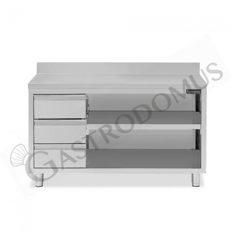 Tavolo a giorno in acciaio inox,3 cassetti a sinistra, alzatina, L 1800 mm x P600 mm x H 950 mm Tavolo a giorno in acciaio inox,3 cassetti a sinistra, alzatina, L 1800 mm x P600 mm x H 950 mm