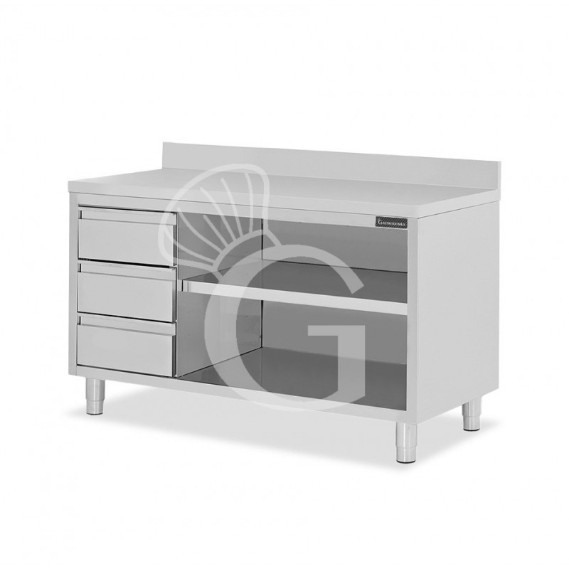 Tavolo a giorno in acciaio inox,3 cassetti a sinistra, alzatina, L 1800 mm x P 700 mm x H 950 mm